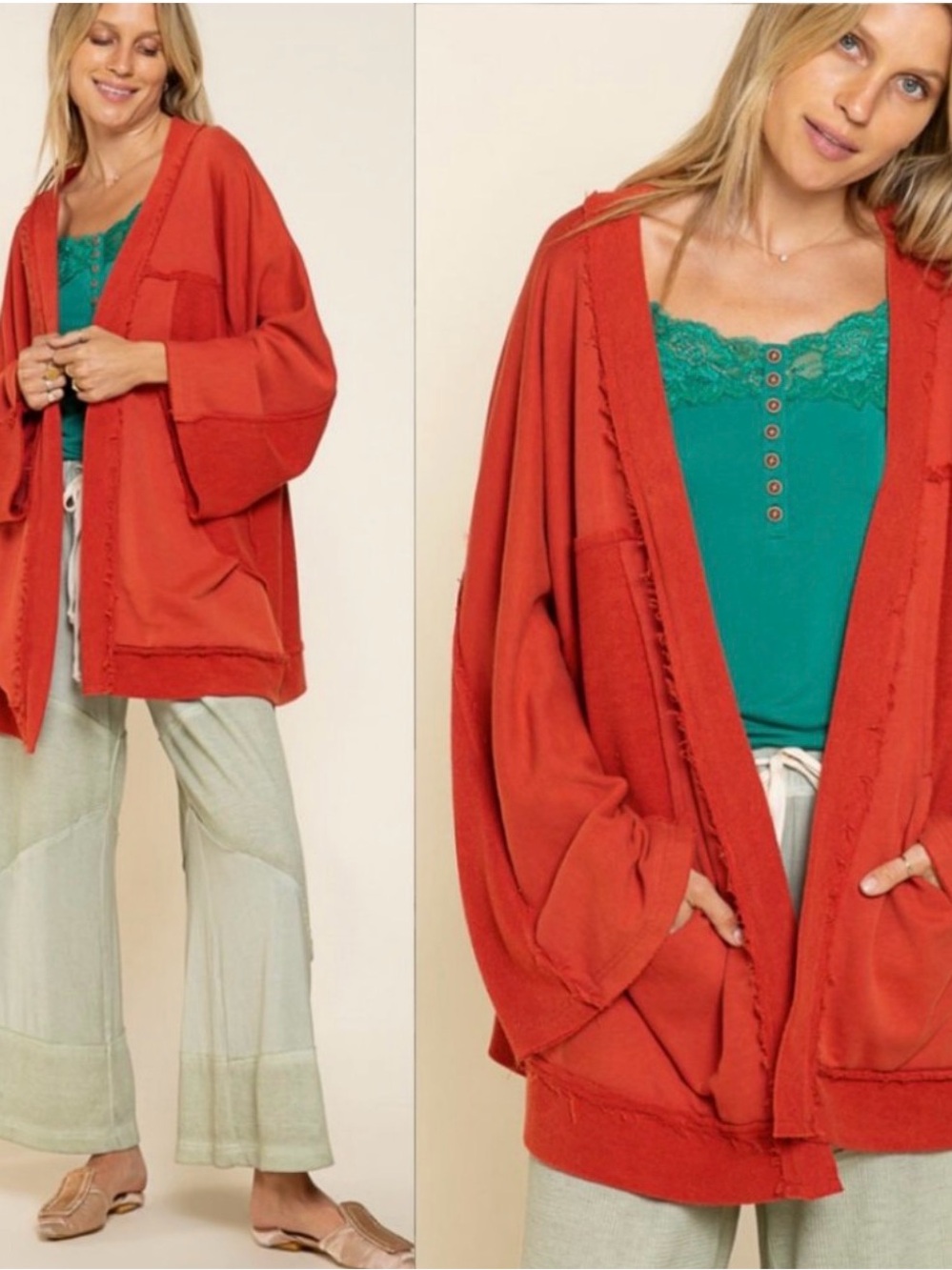 POL Rust Orange Open-Front French Terry  Cardigan